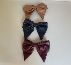 Set of 3 Faux Leather Bow Hair Clips Brown Navy Burgundy Oversized Statement Bow